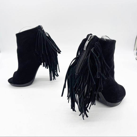 NAUGHTY MONKEY Girl’s Best Fringe Peeptoe Suede High Heel Booties - Picture 7 of 11